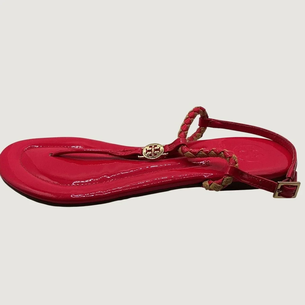 Tory Burch Miller Braided Pink Patent Leather Thong Ankle Strap Sandals 6M